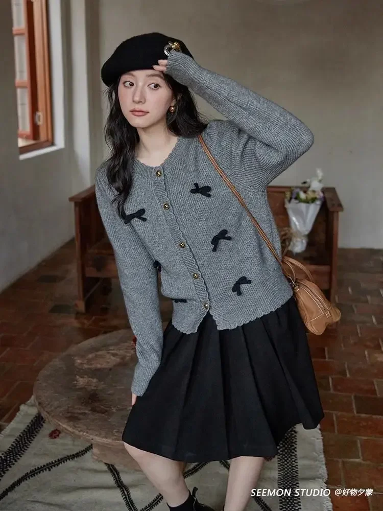 Houzhou o Hals Langarm süß elegant Pullover Einreiher Schleife lässig Strickjacke Japan Temperament frisch gestrickt Pullover