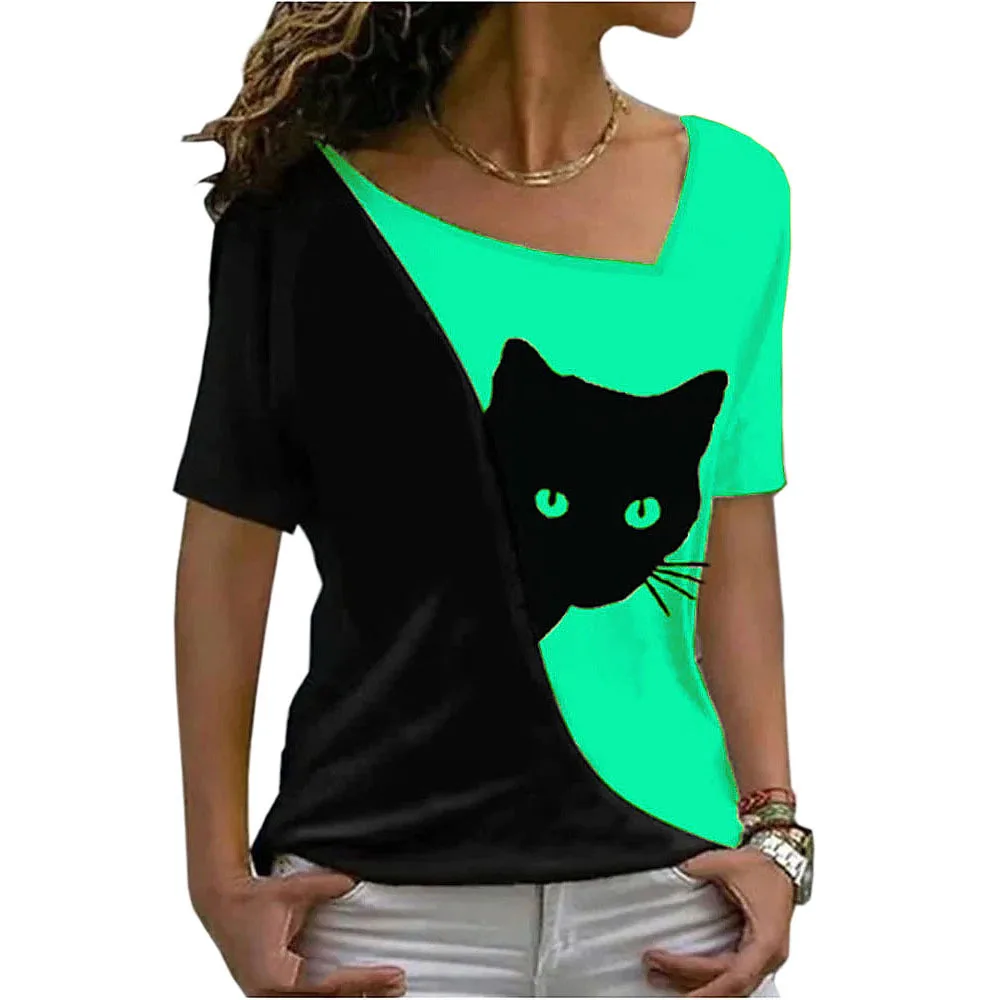 T-shirt manches courtes femme, col alertes onal, imprimé chat noir, Y2K