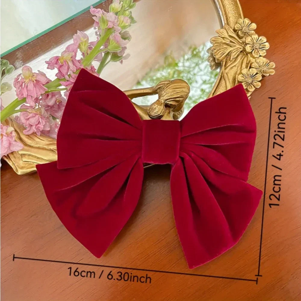Rote Samt-Haarspange mit großer Schleife und Haarnadel, sanftes Mädchen, Prinzessin, Kopf, Hinterkopf, oberer Clip, Pony-Clip – Detail 5