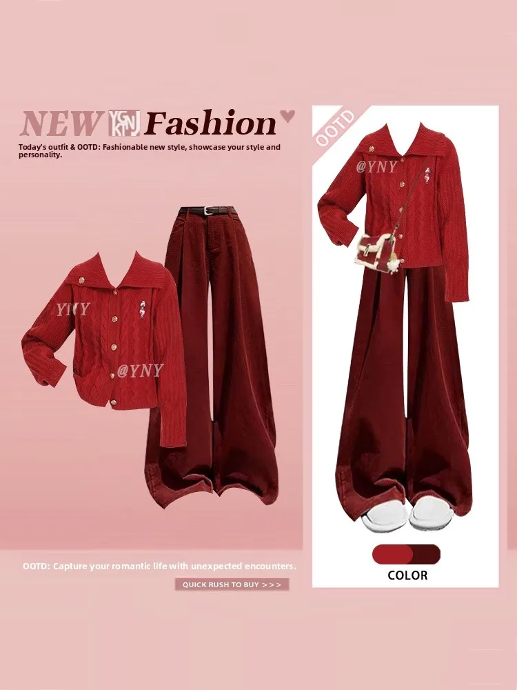 

Красный вязаный кардиган и брюки с широкими штанинами: комплект из двух предметов в винтажном американском стиле, зимняя повседневная одежда, топы с высокой талией и длинными рукавами