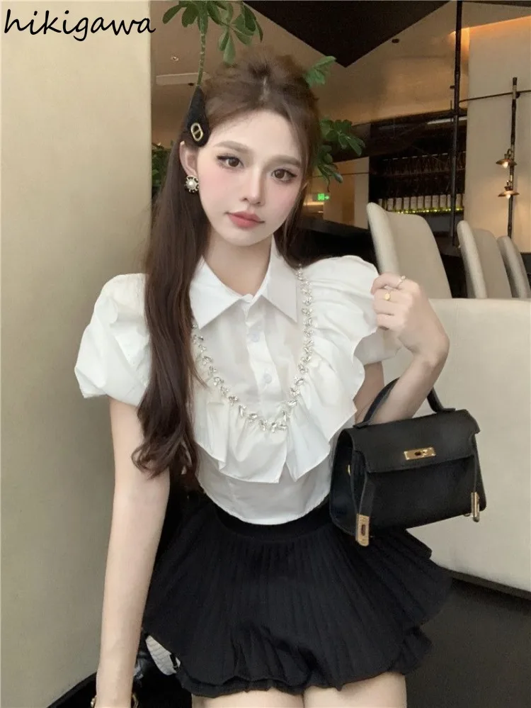 White Women Blouses 2024 Blusas Mujer De Moda Puff Sleeve Slim Fit Heavy Diamond Crop Tops Ruffles Sweet Summer Blouse Shirts