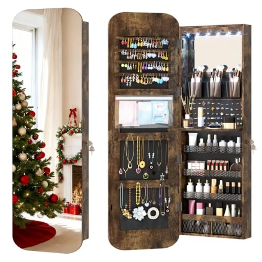 

47,2-дюймовый светодиодный зеркальный шкаф для ювелирных изделий, настенное/дверное зеркало в полный рост с запираемым шкафом для хранения ювелирных изделий с закругленным зеркалом