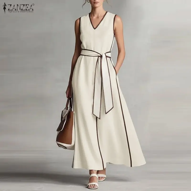 ZANZEA Damen-Maxikleid mit Kontrastbesatz, lässig, V-Ausschnitt, ärmellos, A-Linie, lange Kleider, Sommer, OL, Arbeit, Urlaub, Vestidos, 2XL