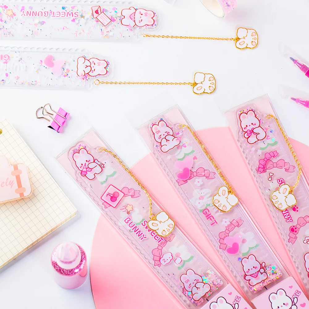 20 Stks/partij Kawaii Konijn Hanger Olie Liniaal Schattige Rechte Linialen Bladwijzer Tekening Tool Promotie Briefpapier Geschenk Schoolvoorraad