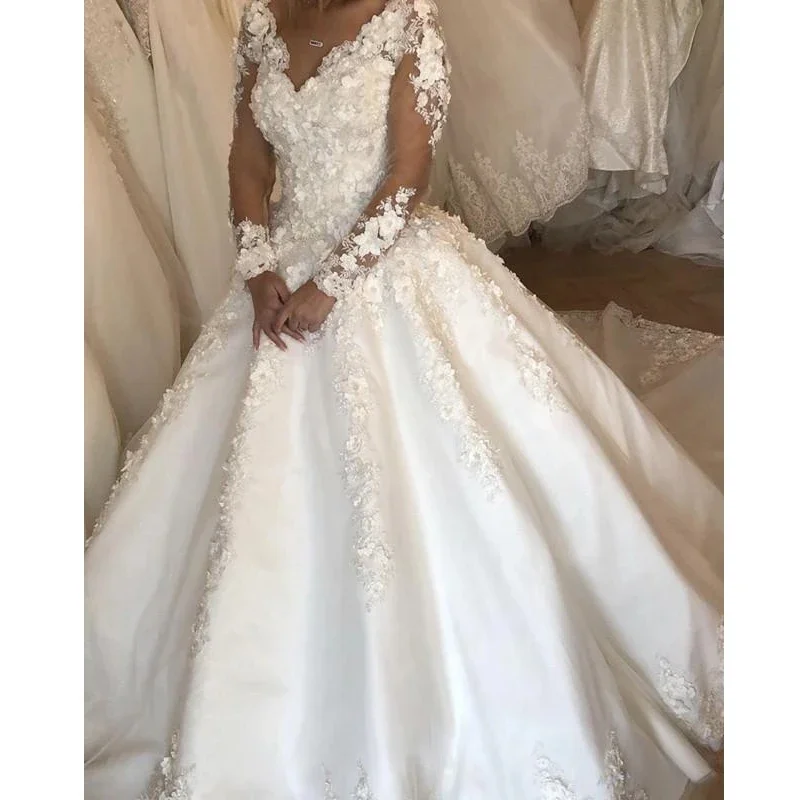 تخصيص الخامس الرقبة 3D الأزهار زين فساتين الزفاف Vestido De Noiva العربية خمر الساتان كم طويل أثواب الزفاف