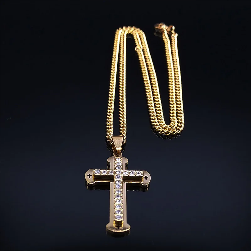 Kalung Salib Yesus Kristen Hip Hop untuk Wanita Hadiah Perhiasan Kalung Religius Berlapis Emas Baja Tahan Karat Berlian Imitasi N6591