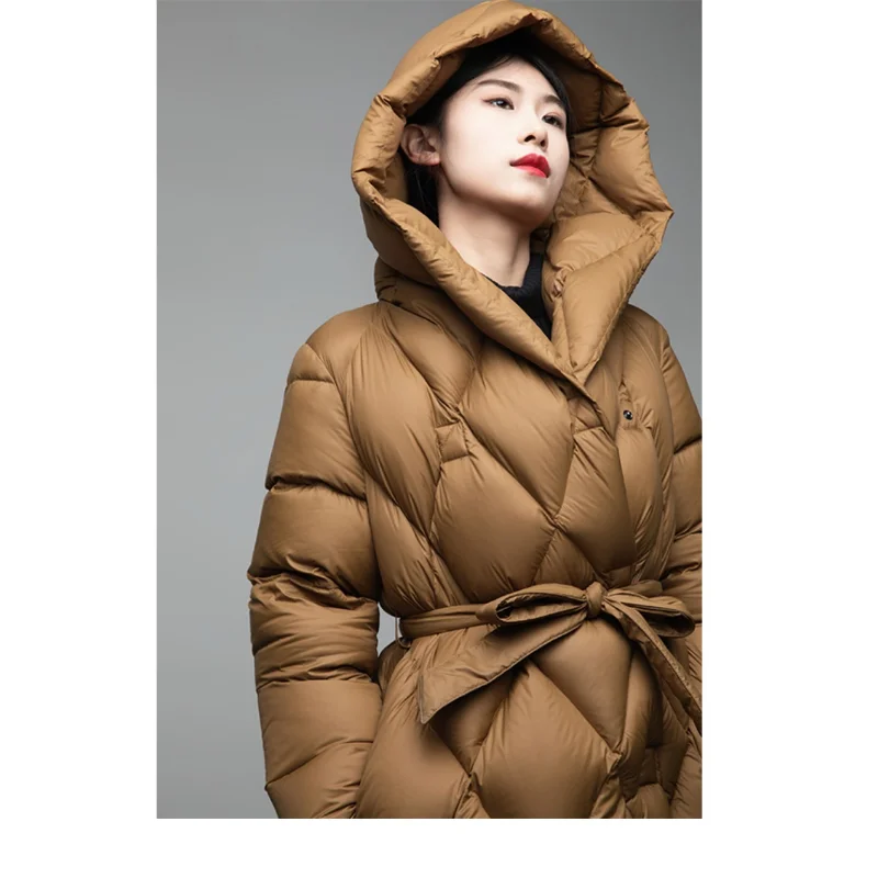 Winter Jackets Woman White Duck Down Single-Breasted Down Coats Warm  Argyle Outwear Solid Color Jacket with A Belt Hooded Parka