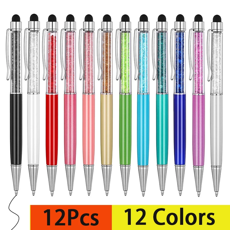 12pcs Crystal Ballpoint Pens Crystal Stylus Pen 2 in 1 Slim Bling Glitter Diamond Ballpoint Pen Stylus Capacitive Writing Pens