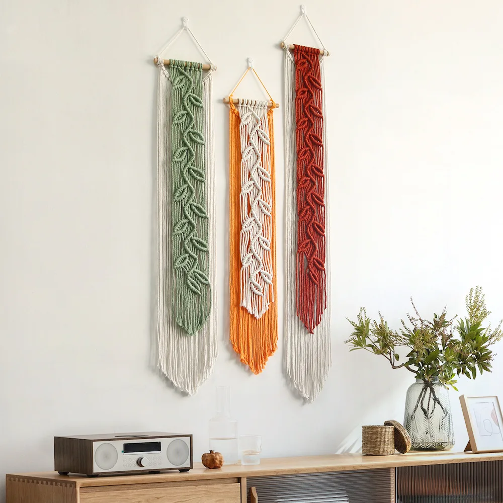 Three Colors Hand Woven Cotton Rope Macrame Tapestry Leaf Pattern Wall Art Bohemian Home Ornament Festival Gifts.