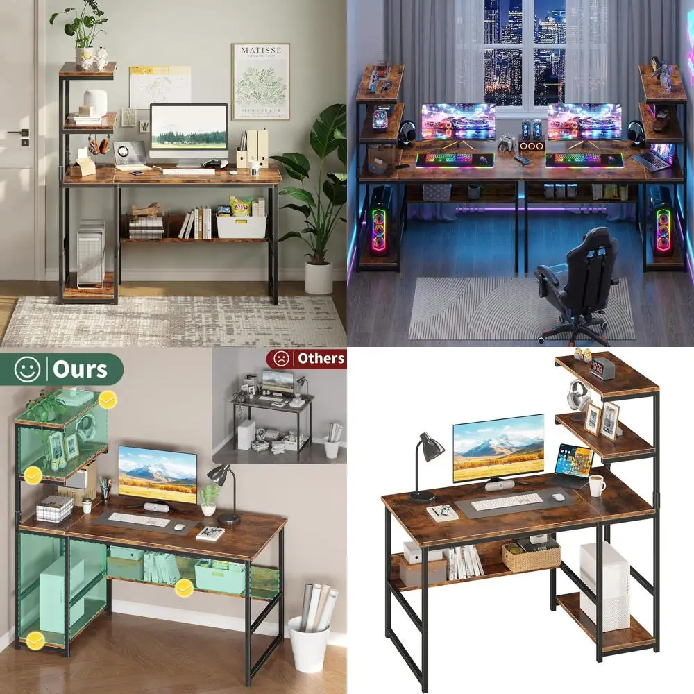 مكتب منزلي كبير حديث 43.3 مع مساحة تخزين من 4 طبقات، وطاولة كمبيوتر للدراسة والكتابة مع رف الكتب ورف البرج #1