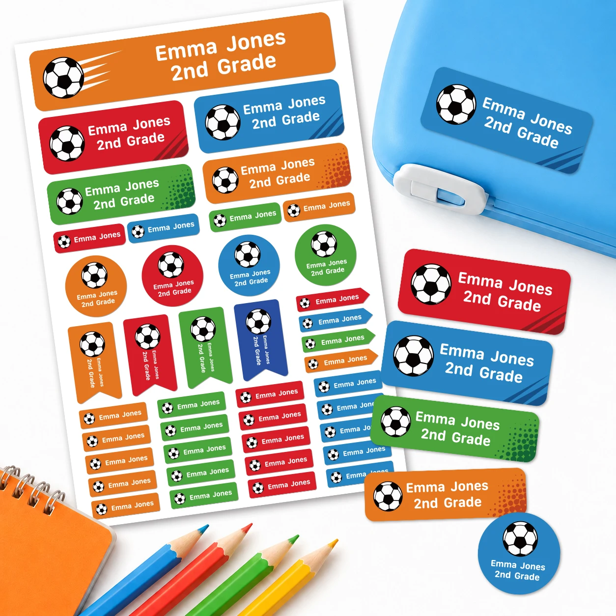 Custom Soccer Name Labels, Personalized School Stickers for Bottles, Lunch Boxes, Backpacks & Supplies