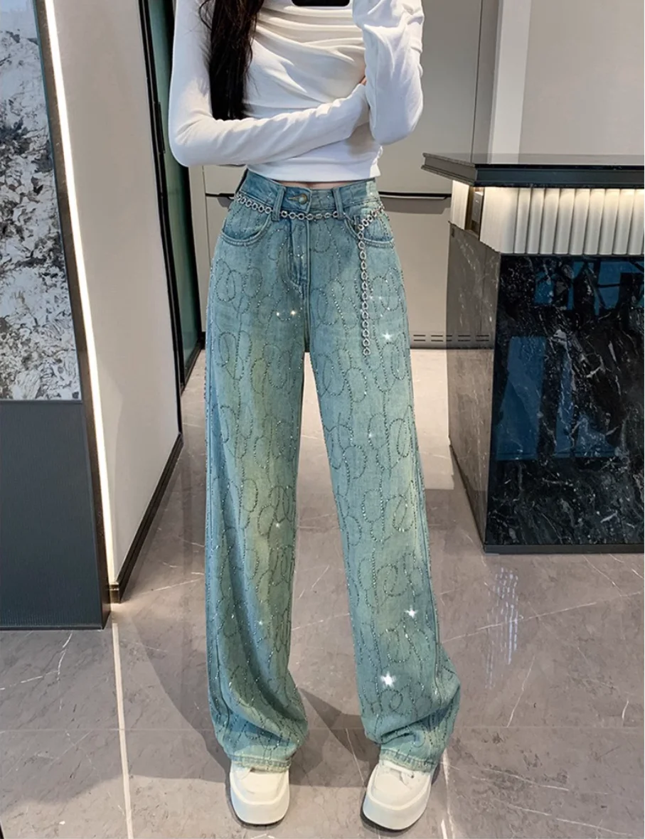 

Y2K Hot Diamond Jeans Women Heavy Industry Narrow Wide Leg High Waist Slim Fit Full Length Sparkling Straight Pants
