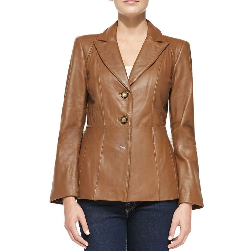 Trendy Women Genuine Lambskin Real Leather Blazer Tan Three Button Collared Coat