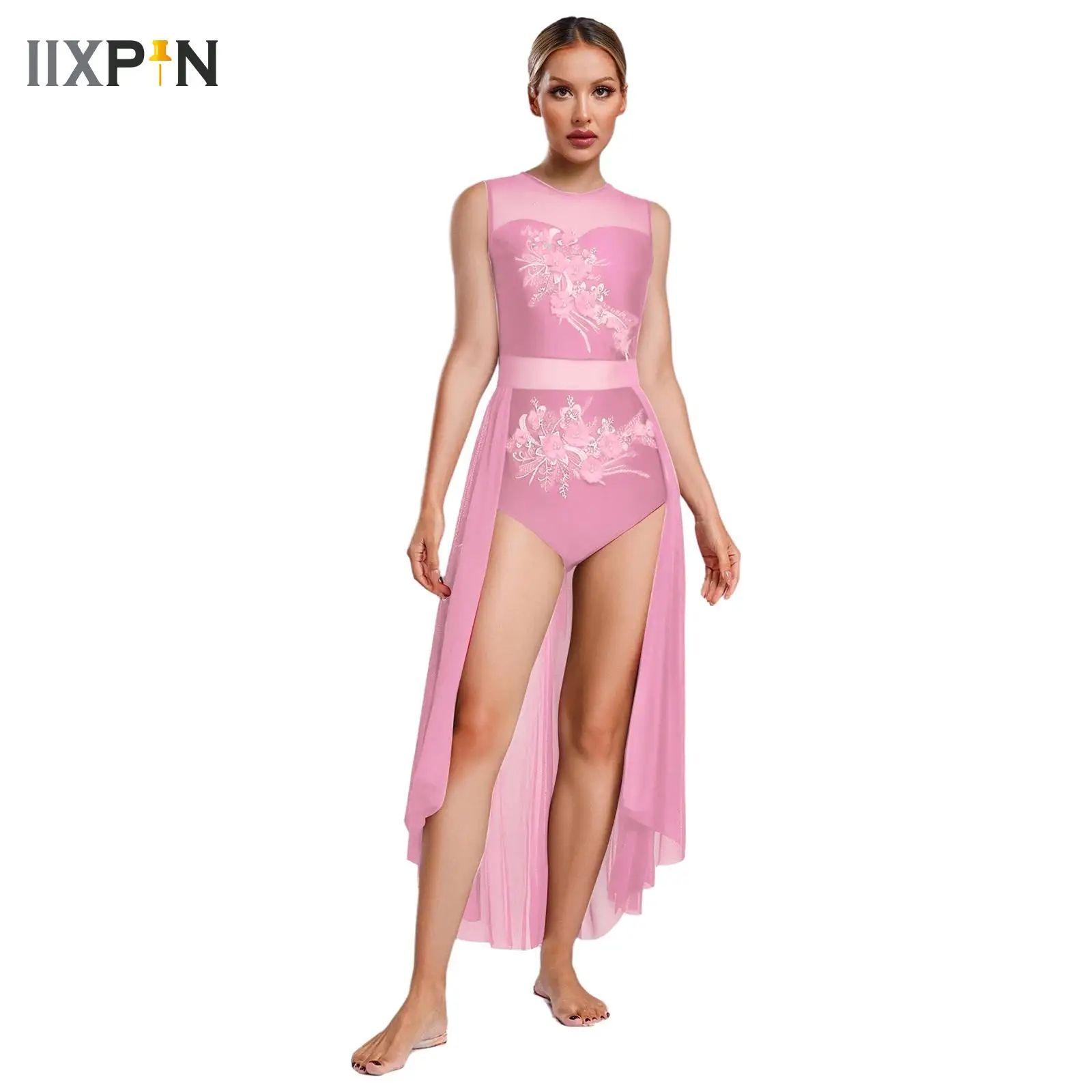 

Applique Flower Ballet Dress Womens Lyrical Modern Contemporary Dance Performance Costume Overlay Skirted Leotard Maxi Dress