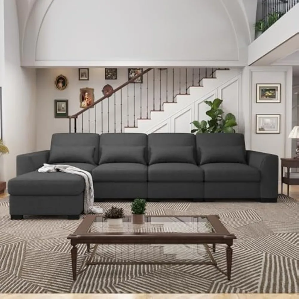 

Modern Grey 130'' L-Shape Linen Sofa, 4 Seat Sectional Couch with 4 Pillow, Storage Ottomans, Convertible Sofa Bed for Living Ro