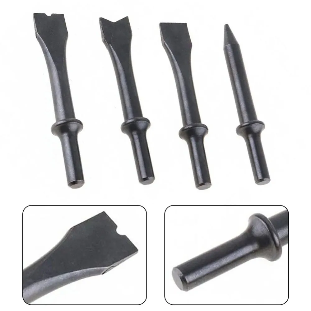 4PCS 10mm/0.4in Air Hammer Chisel Set Extra Long Solid Pneumatic Hammer Bit Impact Head Round Shank Cutting Rusting Removal