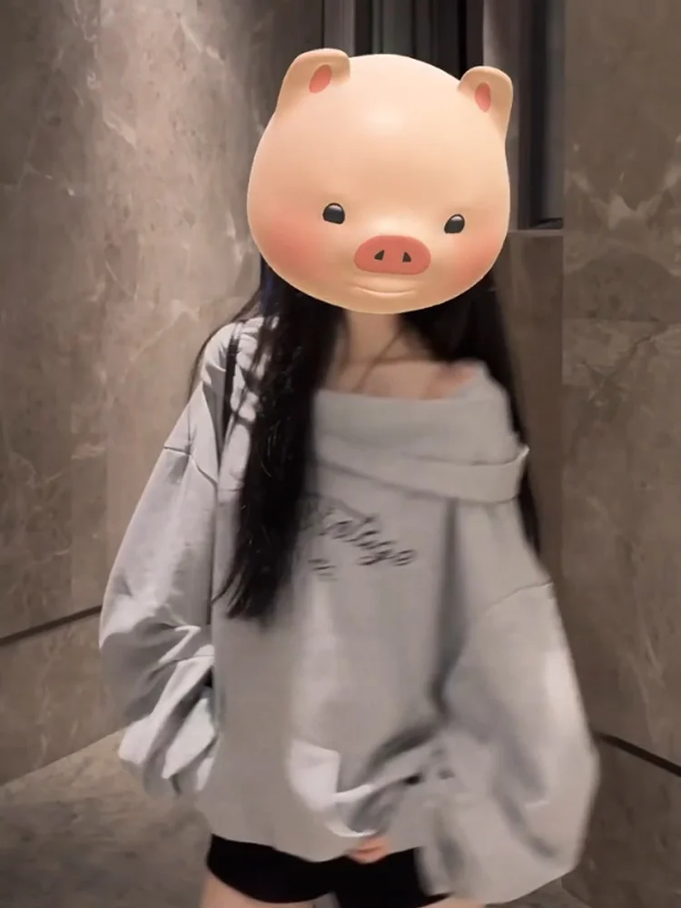 Retro American High Street Hoodie Women's Autumn Winter Fce Oversize Lazy Loose Long Sve Top oulder Bared Streetwear