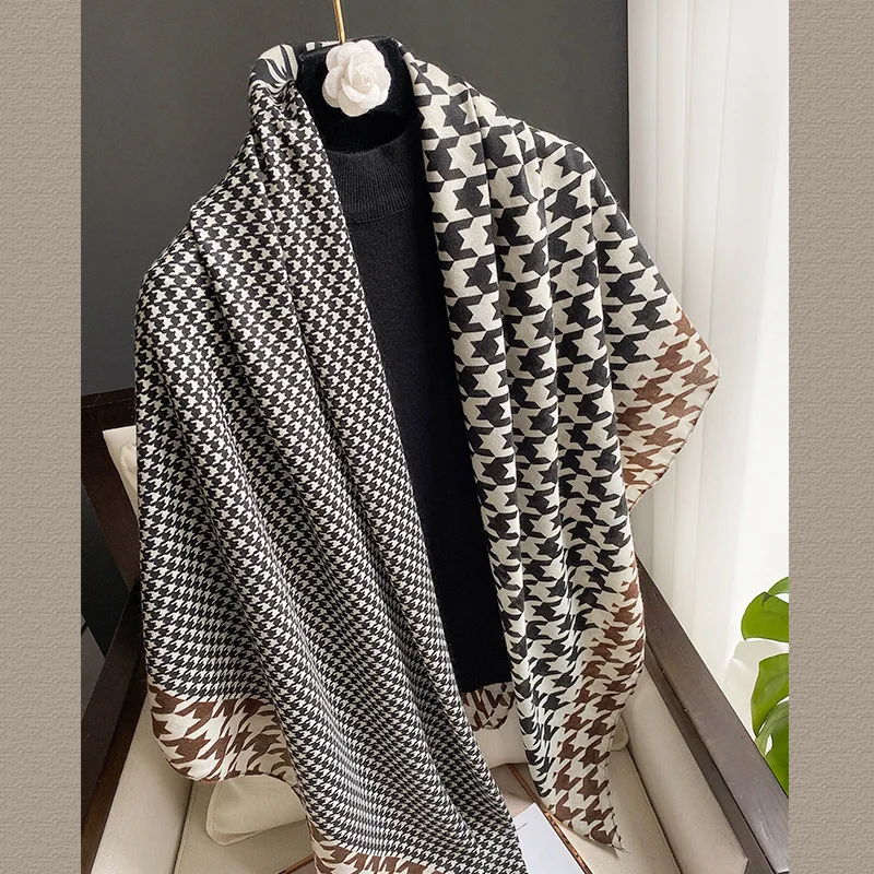 Ladies Fashion Design Large Size Cotton Feeling 130cm Square Houndstooth Printed Hijab Women Winter Warm Pashmina Shawl Scarf