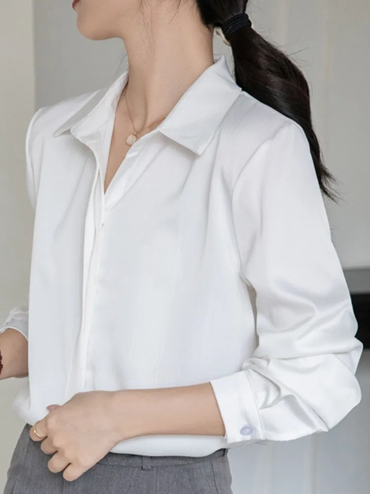 Spring Versatile Korean Style Women's Long Sleeve Shirt New Fashion Commuting Satin Surface Square Collar Ladies Tops