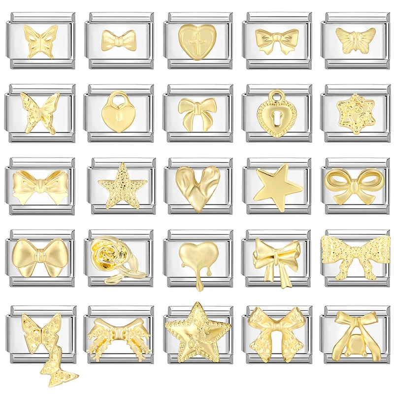 

Silver Gold Color Zircon Sun Moon Heart Bow Italian Charm Links Square Beads 9mm Stainless Steel Bracelet DIY Jewelry Making