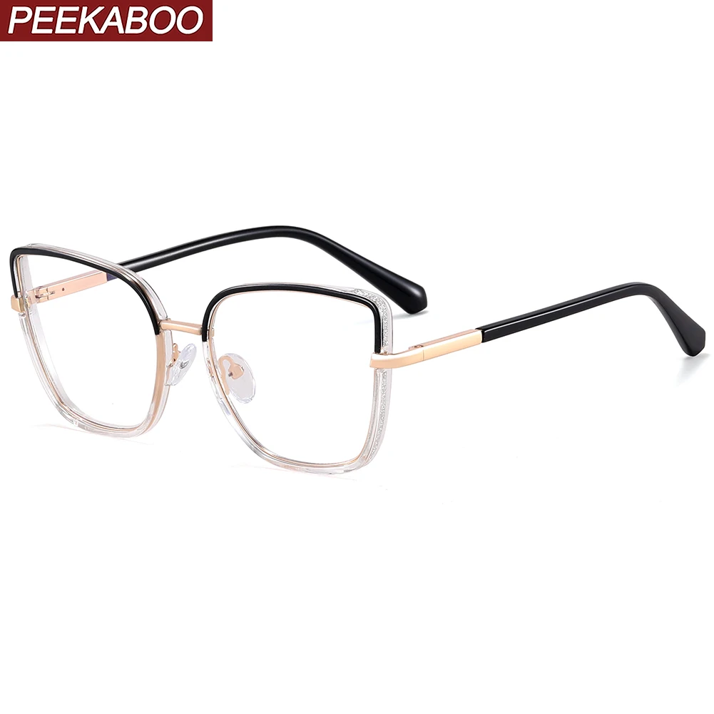 

Peekaboo clear lens fashion glasses frame cat eye TR90 half metal anti blue light glasses square female gradient pink leopard