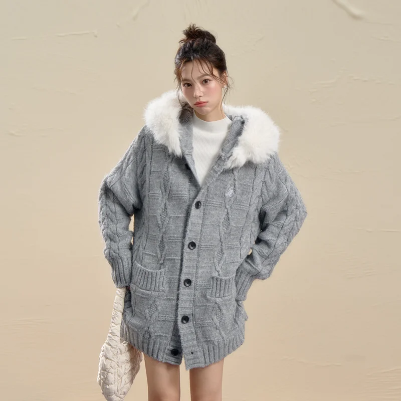

Корейская женская трикотажная верхняя одежда, мягкий уютный длинный свитер свека с меховым воротником, свободный крой, осень-зима, средней длины
