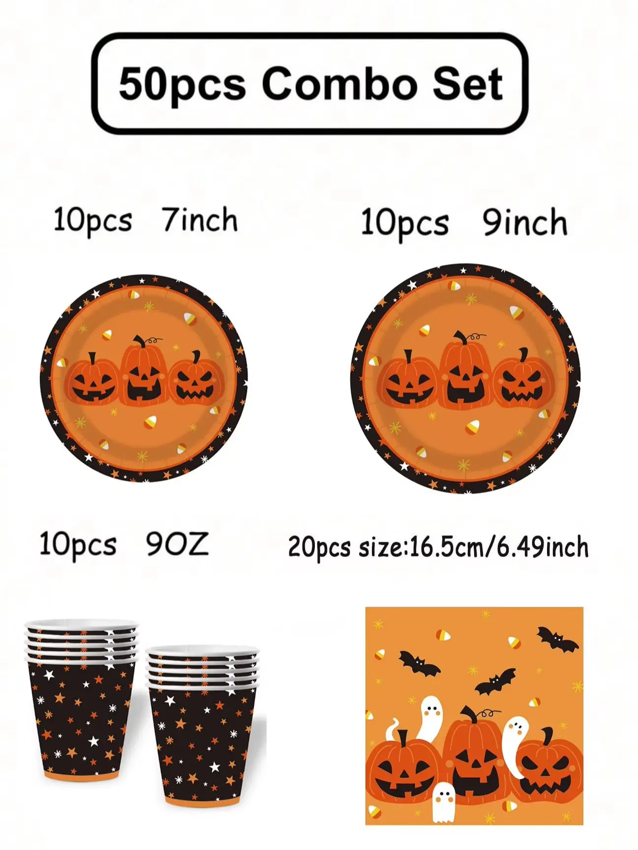 Halloween-Geschirrset, Teller, Becher und Servietten mit Kürbis-, Geister- und Sternenmuster, Tischdekoration für Kinderpartys – Detail 2