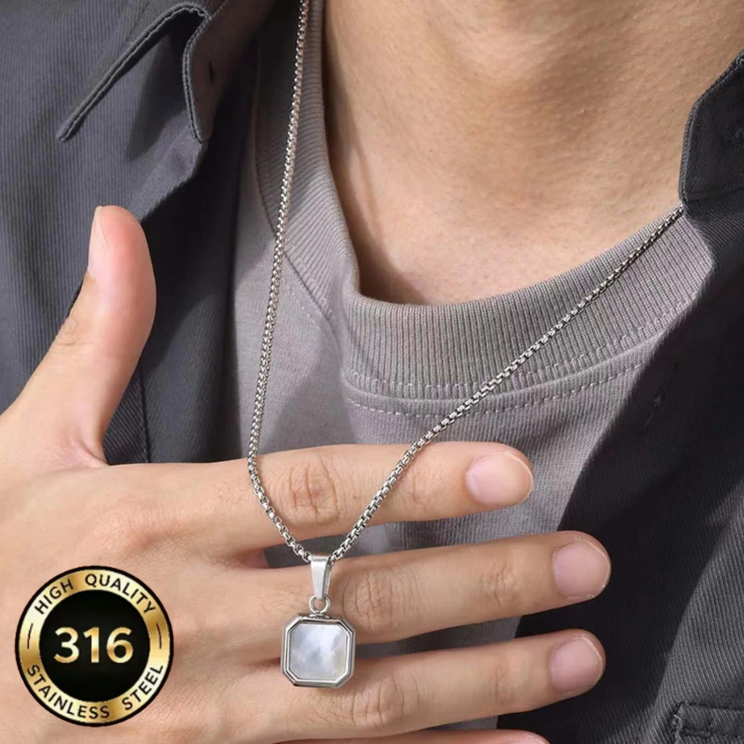 Fashionable Stainless Steel Small Square Pendant Necklace, Street-Style Personality for Guys and Girls Souvenir and Holiday Gift