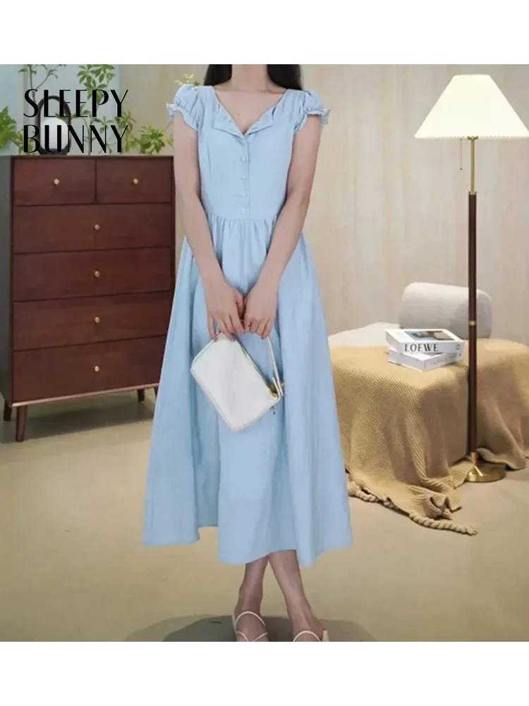 

Chic Elegant Summer Midi Dress Women French V Neck Embroidered Short Sleeve A Line Flowy Long Sundress for Petite Slim Fit