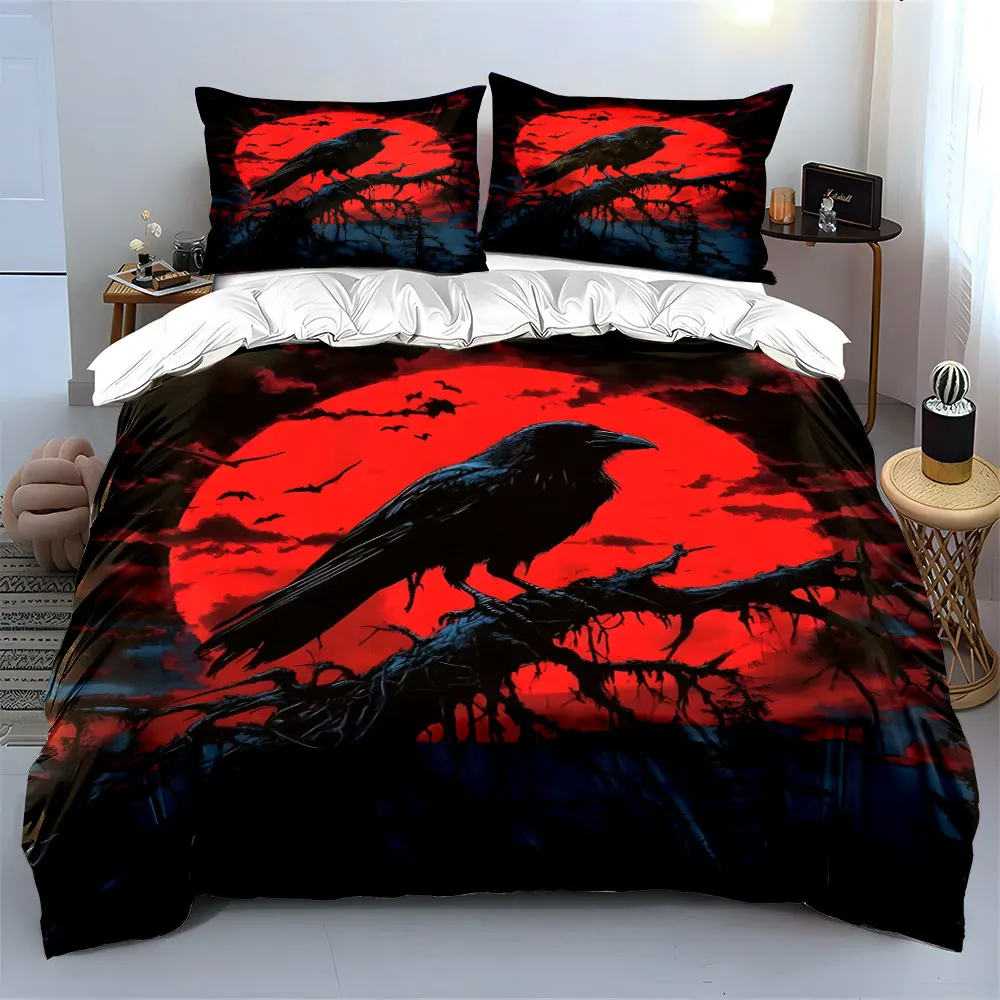 Gothic-style raven and red moon Print Bedding Set 1 Duvet Cover 2 Pillowcases for Adult and Children Luxury Gift Full Size