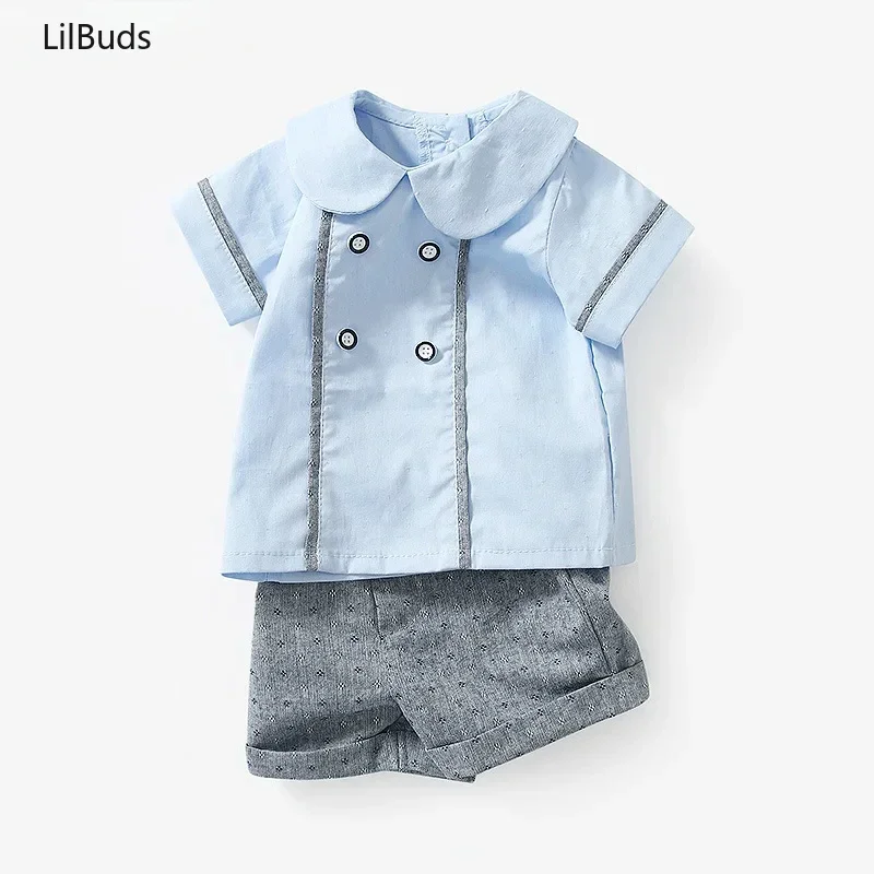 

2025 Baby Clothes Set Children Boutique Outfits Kid Birthday Clothing Blue Cotton Shirts Grey Shorts Pant Summer Suit for Boy