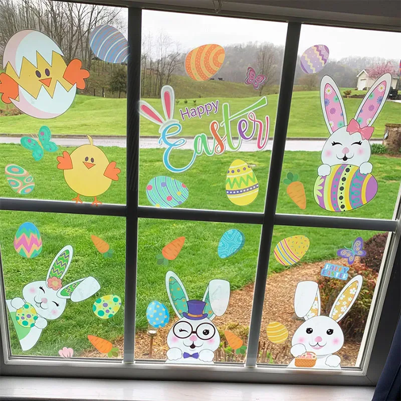 Happy Easter Window Stickers cute Rabbit Eggs Carrot Electrostatic Glass Sticker Easter Decorations for Home Bunny Wall Decals