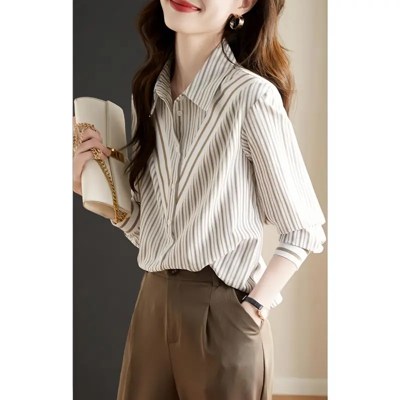 Threaded Splicing Vertical Stripe Shirt for Women New Polo Collar Long Sleeved Top Spring and Autumn Single Wear Stylish Shirt