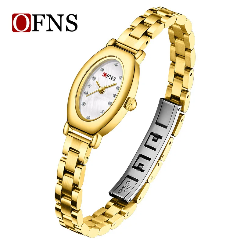 Ofns Women's Oval Mother Pearl Dial Quartz Watch, Genuine Leather , Luxury Waterproof Female Wristwatch, Unique Vintage Design