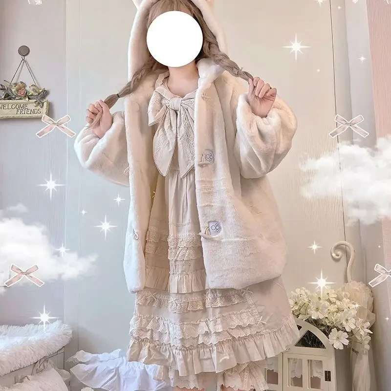 NONSAR inverno Girly addensato peluche JK Lolita cappotto corto donna giapponese carino orecchio di coniglio Anime parka con cappuccio capispalla