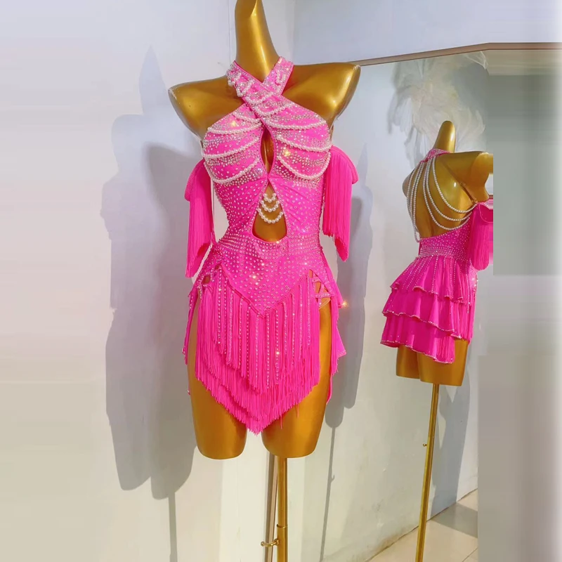 

Latin Dance Dress Customized Exquisite Pearl Tassel Dress Adult and Children Tango Samba Cha Cha Dance Competition Dresses