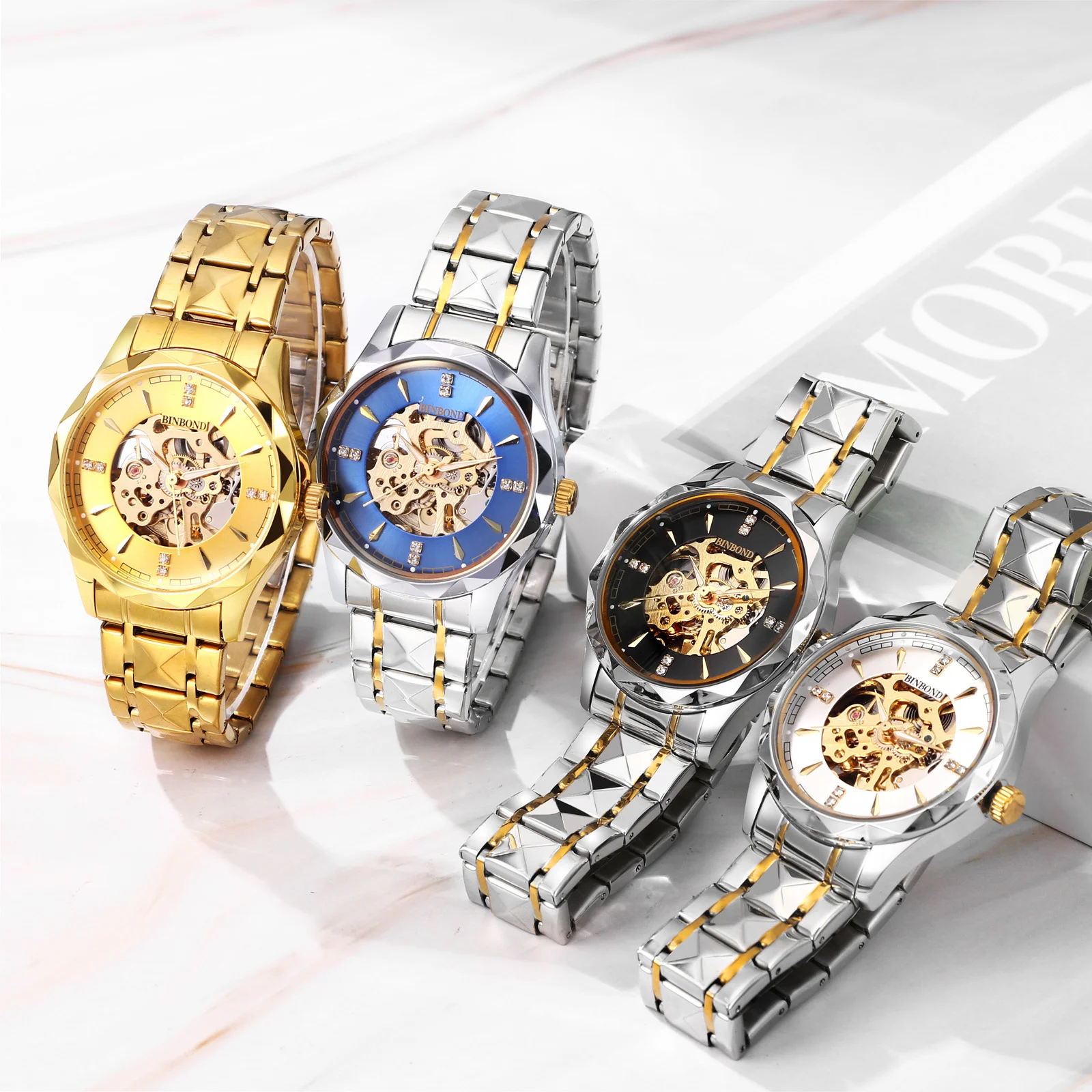 นาฬิกาผู้ชายธุรกิจแฟชั่นสายสแตนเลสหน้าปัดนาฬิกากลไกอัตโนมัติติดเพชรเรืองแสง