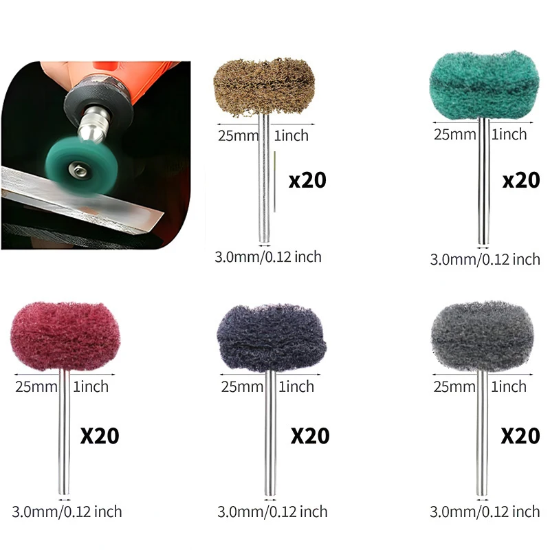 

20pcs Mini Drill Abrasive Brush 3mm Shank Buffing Wheel Nylon Fiber Grinding Sanding Head Scouring Pad Rotary Polishing Tools