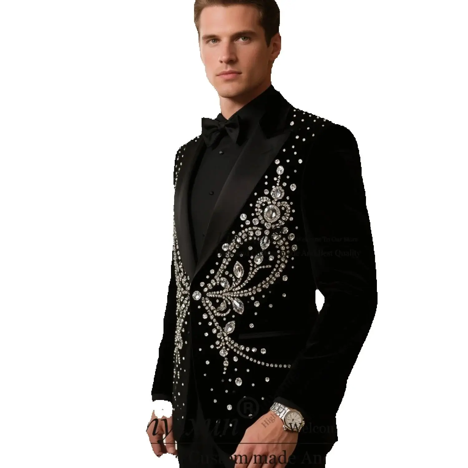 

Exquisite Diamond Beaded Crystal Men Suit Peaked Lapel Groom Tuxedo 2Pieces Shiny Male Prom Blazer Customized trajes para hombre