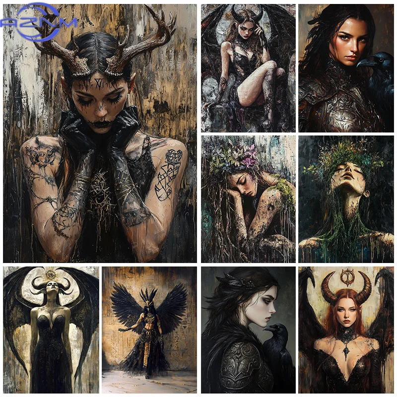 Beautiful Lilith Art Print Horned Goddess Sexy Female God with Black Dragon Wings Painting Decor Printable Dark Fantasy Poste