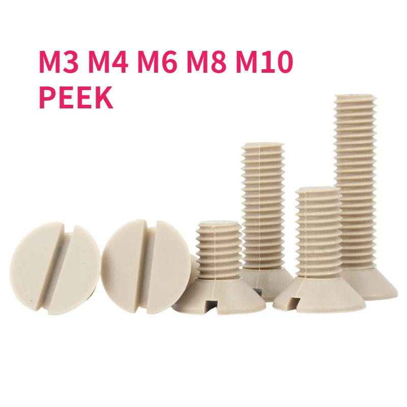 

M3 M4 M6 M8 M10 PEEK Машинный винт с плоской потайной головкой и прорезями, термостойкий пластиковый болт с кислотно-щелочной изоляцией