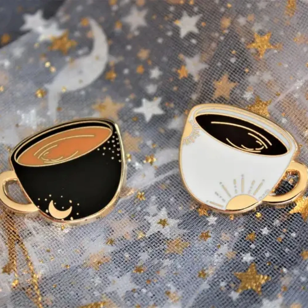 Coffee Cup Pins, Enamel Pin, Lapel Gold Plated, Set, Black, Latte, Gift, Couple