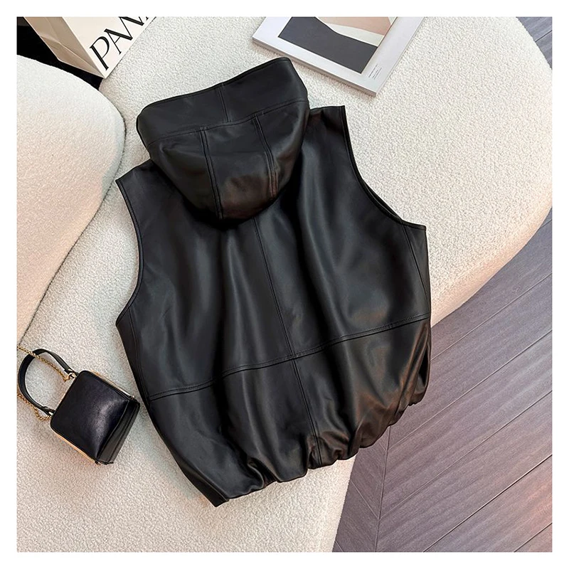 Hooded leather jacket, vest, short jacket, women's loose fit, slimming look, thin outer wear, autumn new casual style