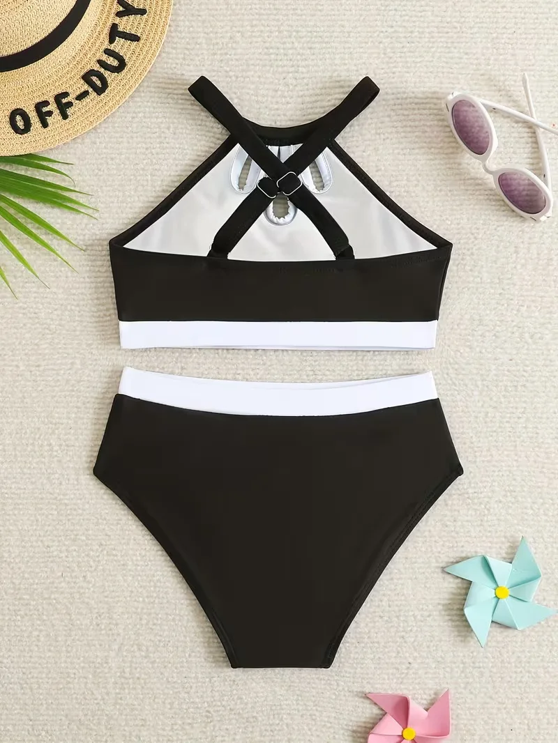 Süßer, einfarbiger Badeanzug für junge Mädchen, Sommer-Strandkleidung, 2-teiliger Tankini-Badeanzug für Mädchen im Alter von 8-12 Jahren – Detail 6