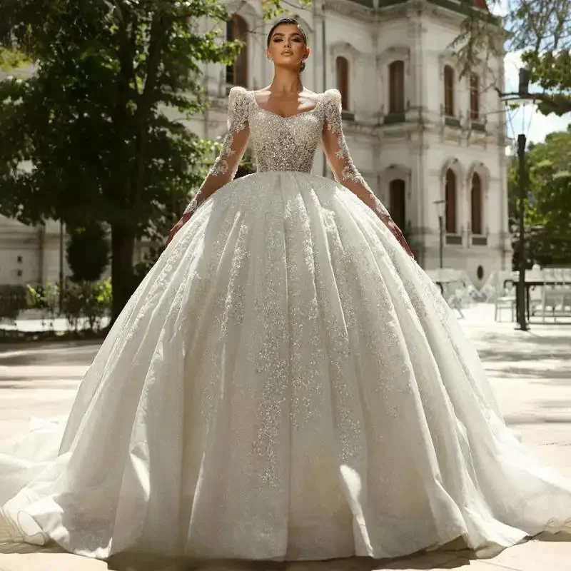 

Customize Long Sleeve Lace Wedding Dress Gorgeous Shiny Sweetheart Ball Gown Princess Vestido de Noiva