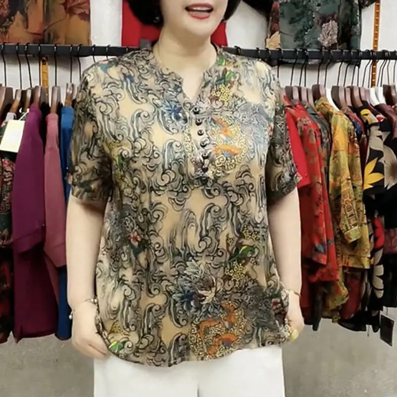 Stylish Printed Summer Short Sleeve Blouse Female Clothing Vintage Printed Casual V-Neck Button Commute Spliced Straight Shirt