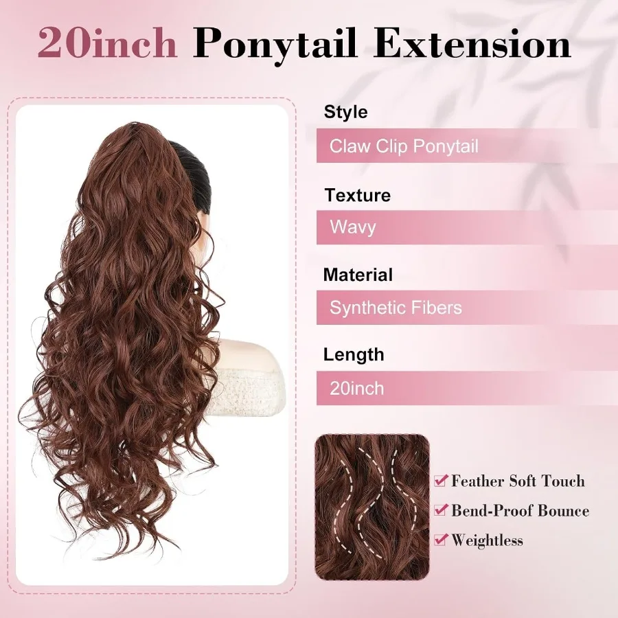 20 مشبك مخلب تمديد ذيل حصان مموج مع قطعة شعر صناعية طبيعية للنساء مثالية للارتداء اليومي وتصفيف غير رسمي في أوبو #5