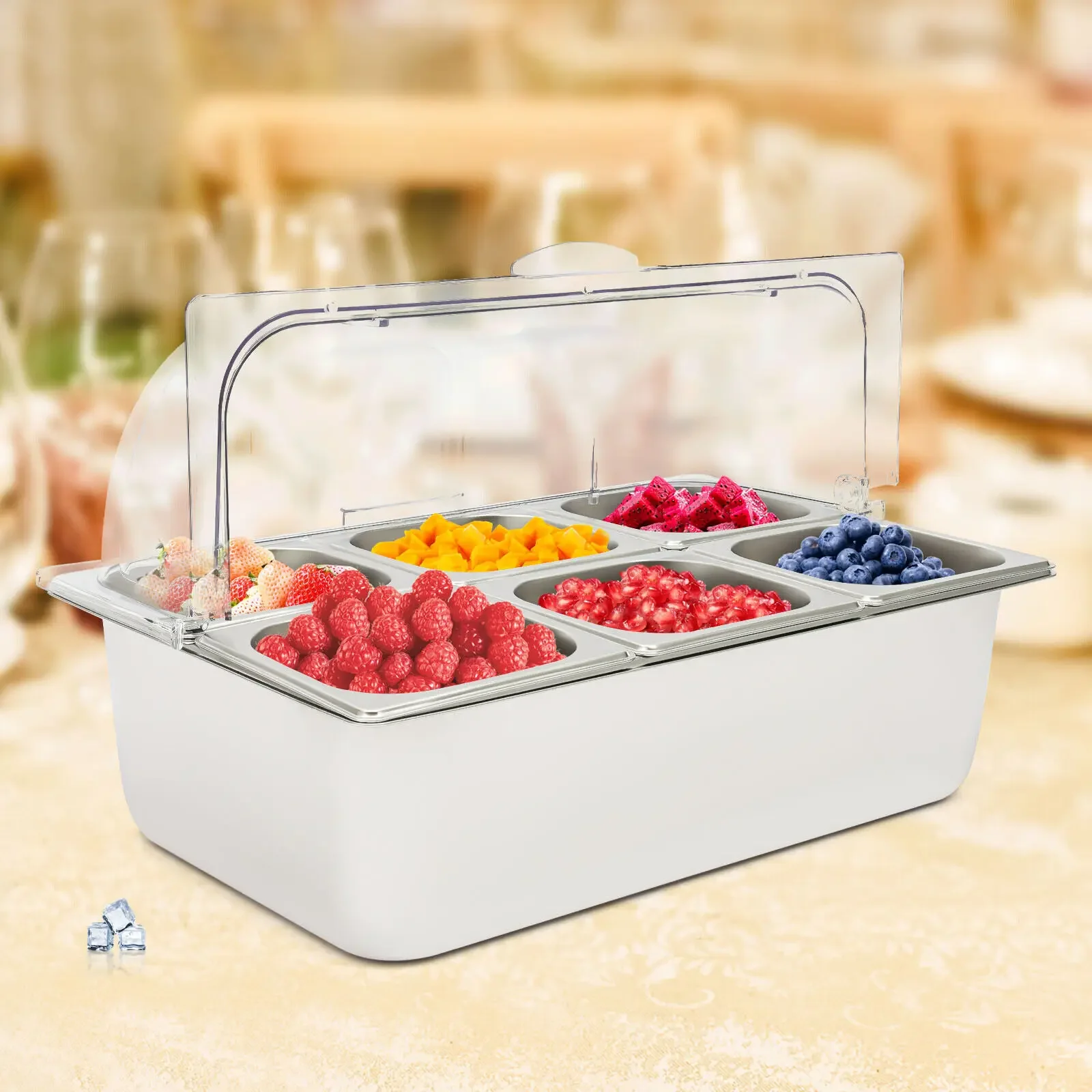 Bandeja de buffet de frutas y mariscos para fiestas, exhibición de comida helada con cubierta superior enrollable