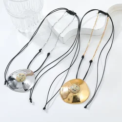 2024 Trend New Exaggerated Round Metal Stone Pendant Rope Necklace for Women Girls Bohemian Style Fashion Charm Jewelry Gifts