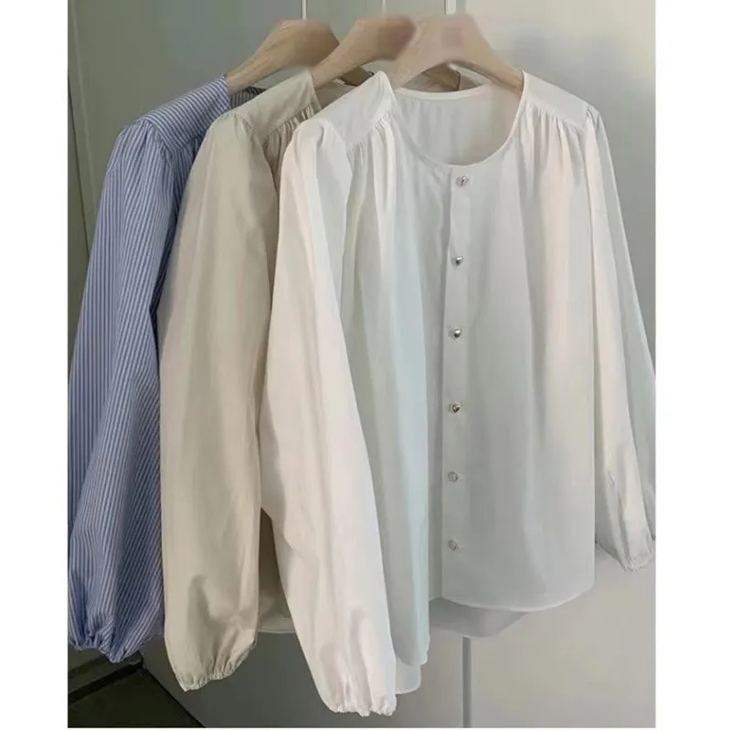 

Women Blouse Spring Summer Striped Crew Neck Love Buttons Loose Casual Fashion Versatile Long Sleeve Shirt